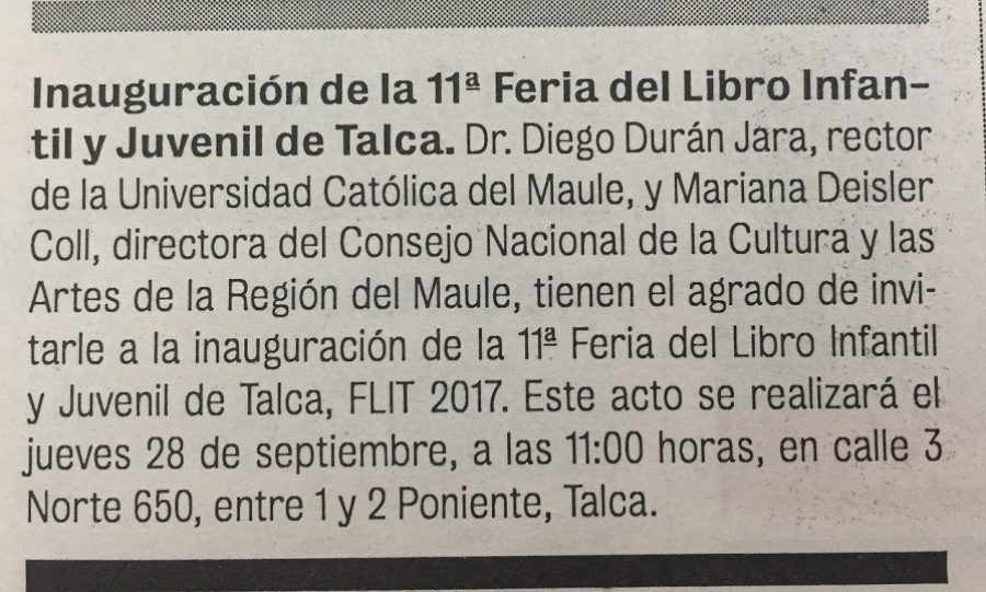 18 de septiembre en Diario La Prensa: “Inauguración de la 11a Feria del Libro Infantil y Juvenil de Talca”