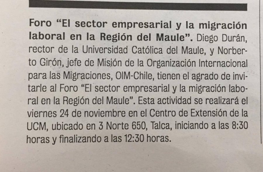18 de noviembre en Diario La Prensa: “Foro el sector empresarial y la migración laboral en la Región del Maule”