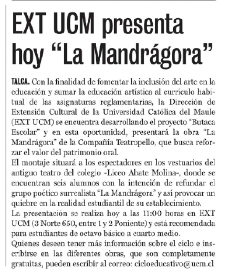 19 de junio en Diario La Prensa: “EXT UCM presenta hoy “La Mandrágora”