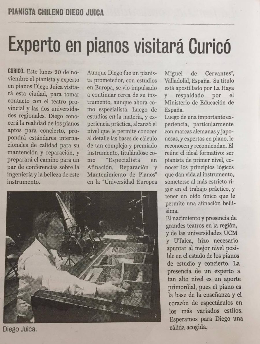 19 de noviembre en Diario La Prensa: “Experto en pianos visitará Curicó”