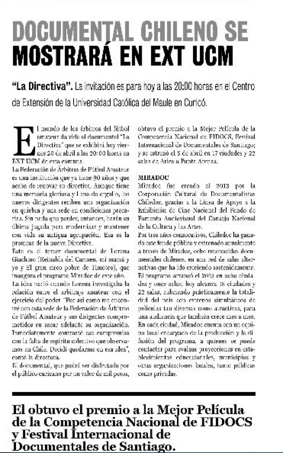 20 de abril en Diario La Prensa: “Documental chileno se mostrará en EXT UCM”