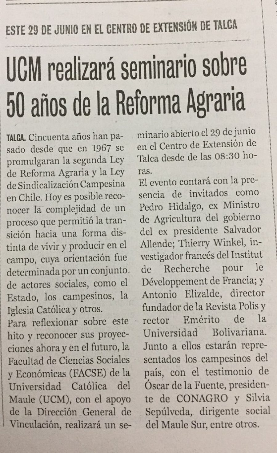 20 de junio en Diario La Prensa: “UCM realizará seminario sobre 50 años de la Reforma Agraria”
