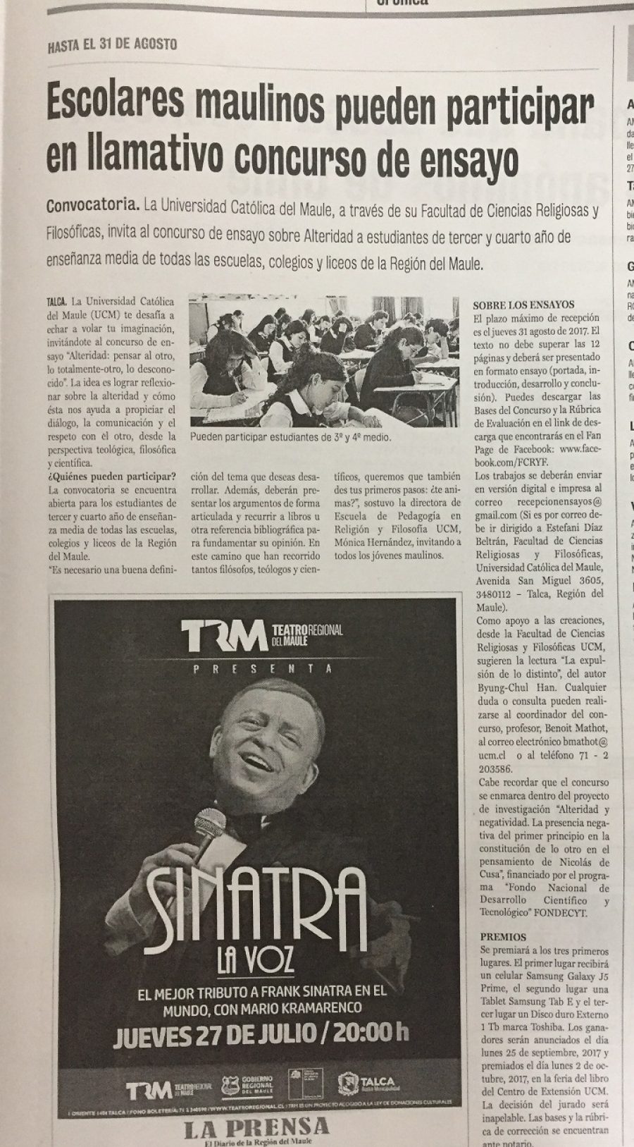 20 de julio en Diario La Prensa: “Escolares maulinos pueden participar en llamativo concurso de ensayo”
