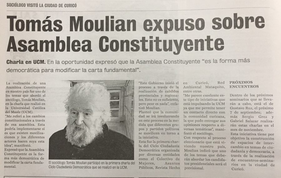 20 de agosto en Diario La Prensa: “Tomás Moulian expuso sobre Asamblea Constituyente”