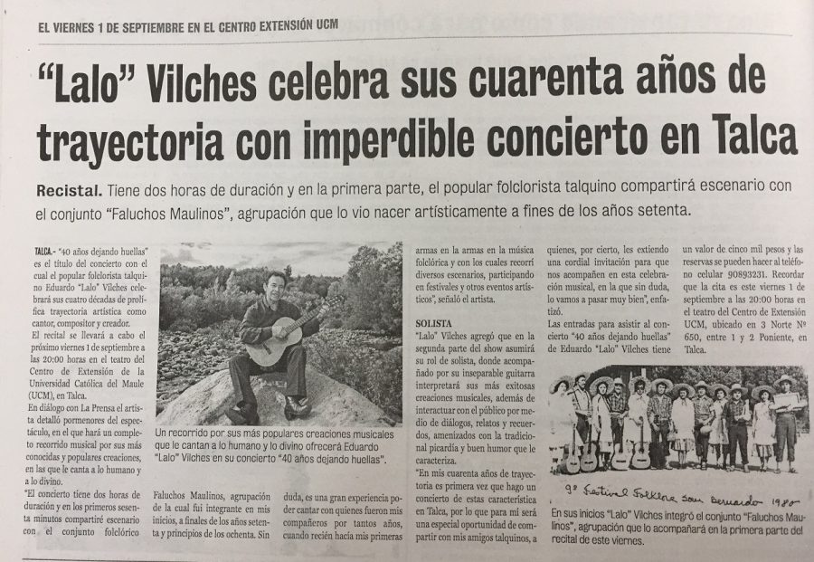 20 de agosto en Diario La Prensa: “Lalo Vilches celebra sus cuarenta años de trayectoria con imperdible concierto en Talca”