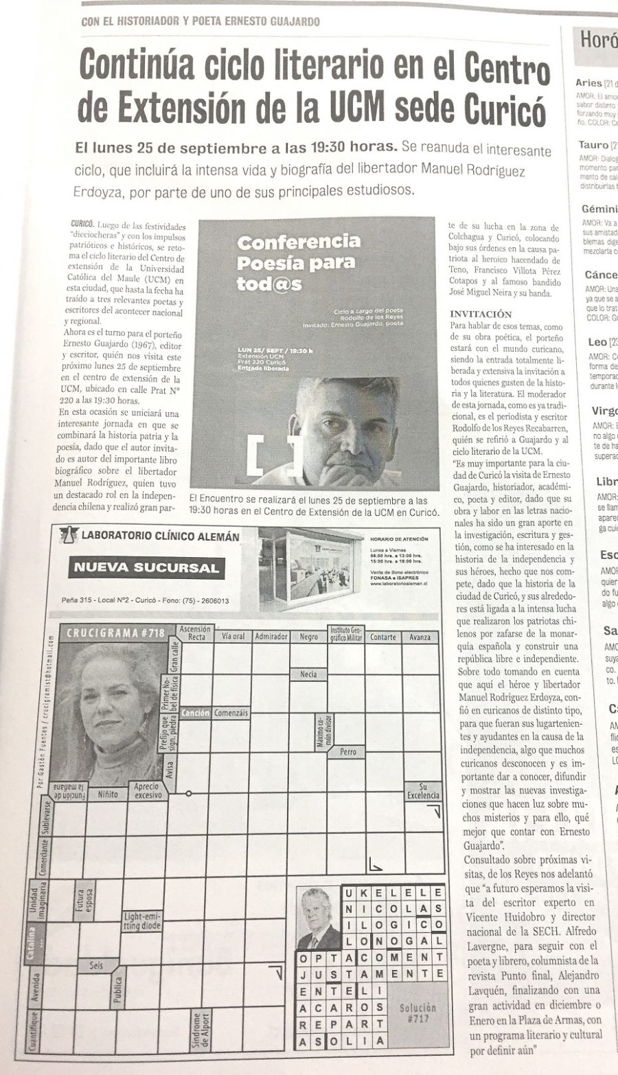 21 de septiembre en Diario La Prensa: “Continúa ciclo literario en el Centro de Extensión de la UCM sede Curicó”