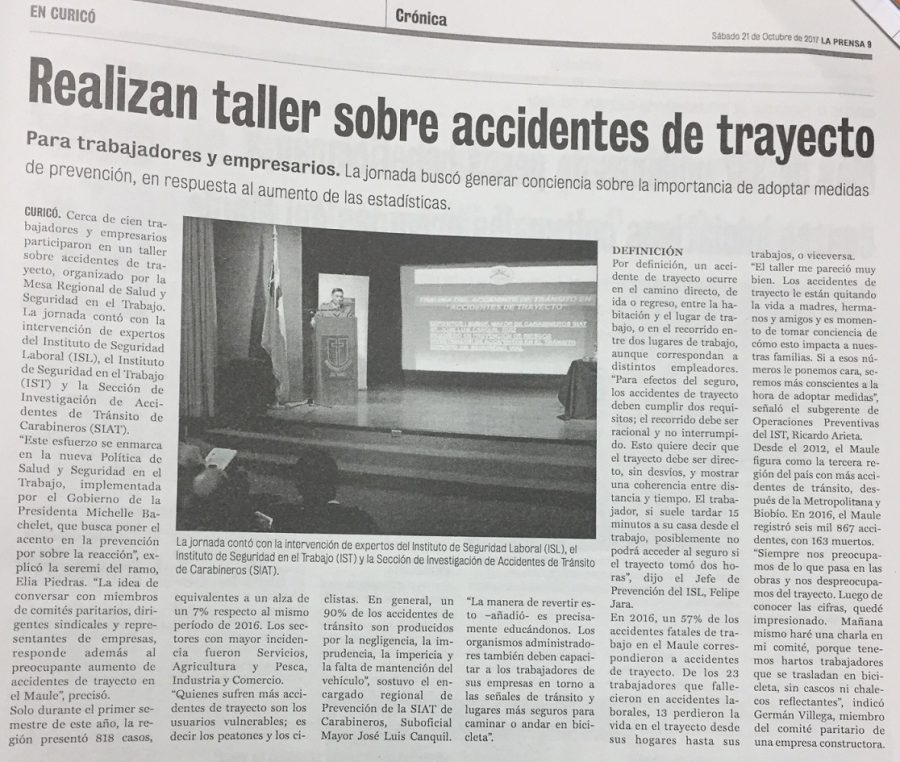 21 de octubre en Diario La Prensa: “Realizan taller sobre accidentes de trayecto”