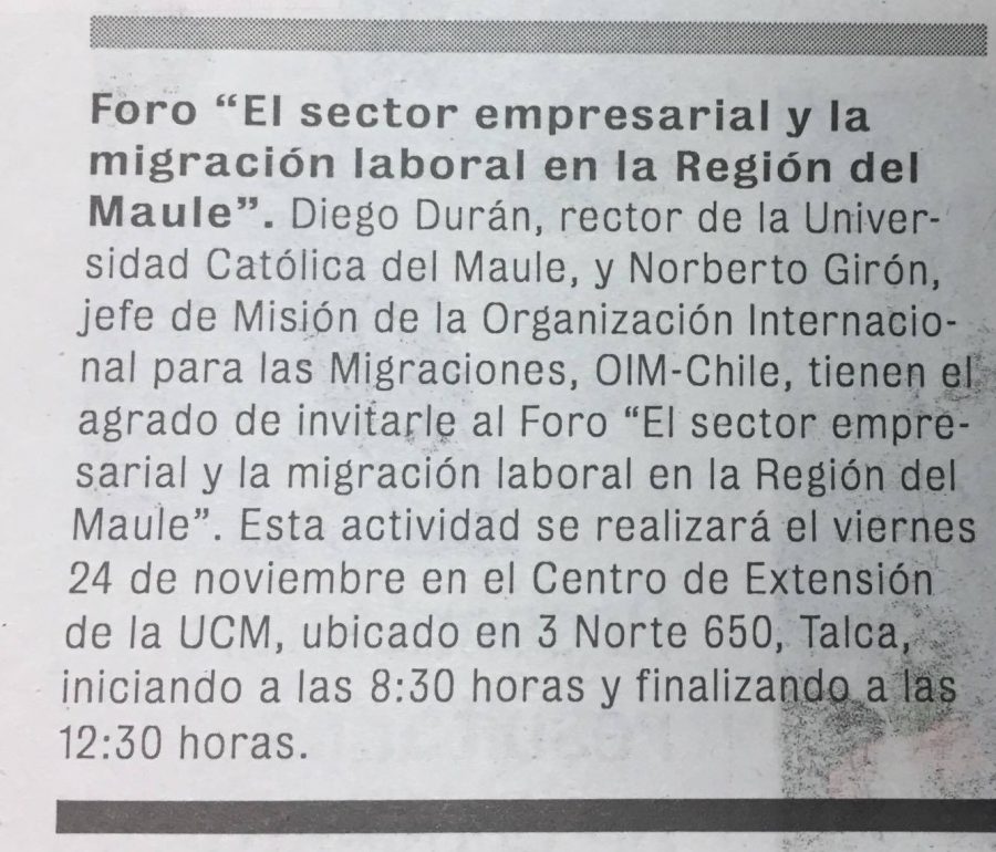 21 de noviembre en Diario La Prensa: “Foro: El sector empresarial y la migración laboral en la Región del Maule”