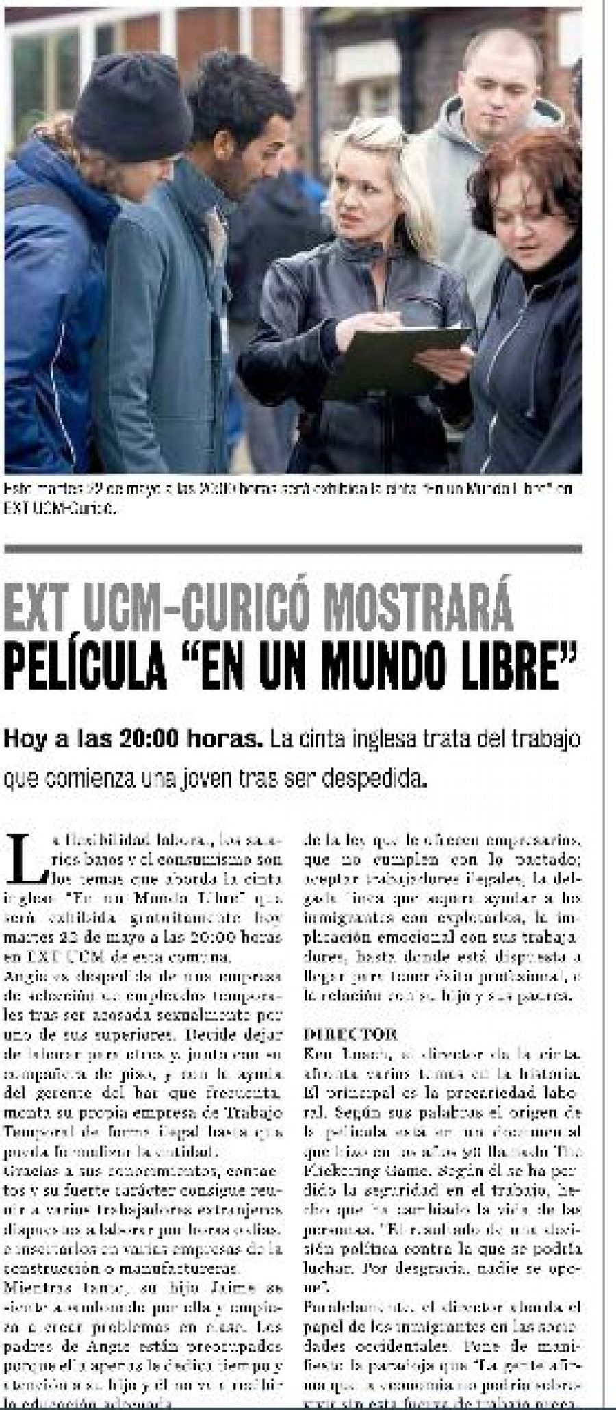 22 de mayo en Diario La Prensa: “EXT UCM Curicó mostrará película “En un Mundo Libre”