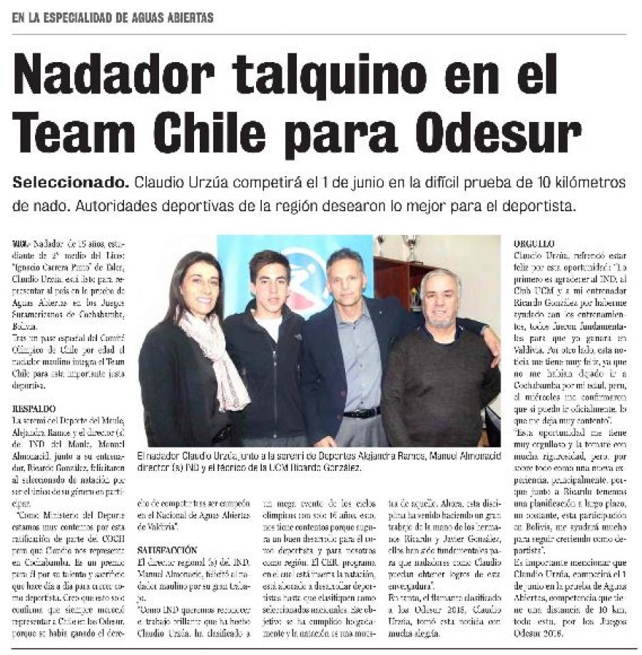 22 de mayo en Diario La Prensa: “Nadador talquino en el Team Chile para Odesur”