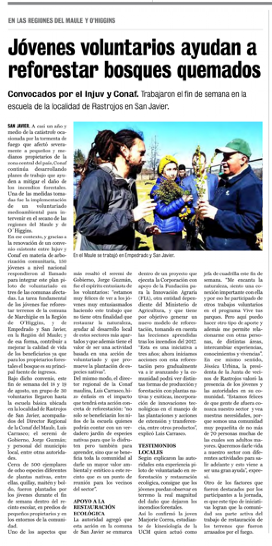22 de agosto en Diario La Prensa: “Jóvenes voluntarios ayudan a reforestar bosques quemados”