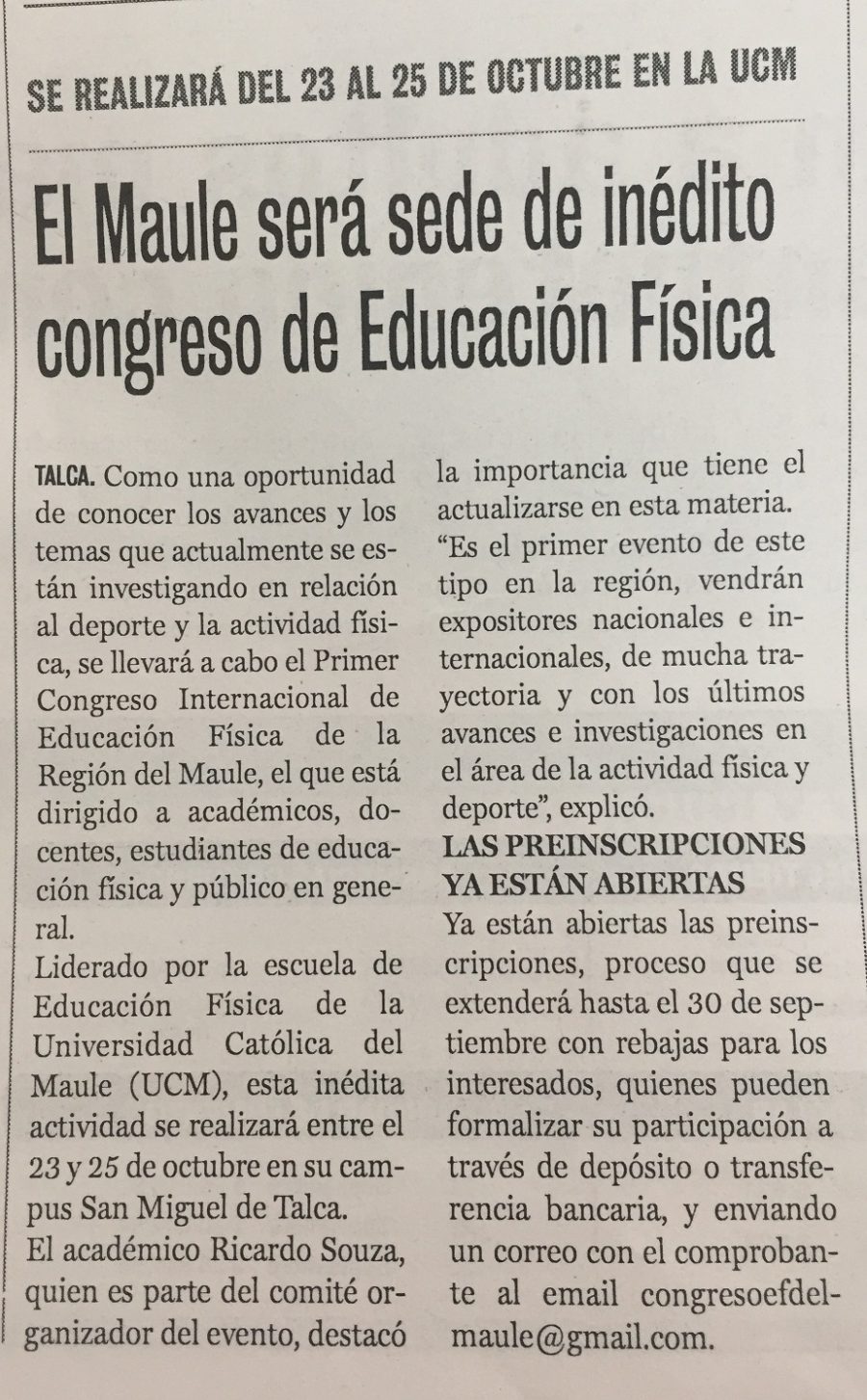 22 de septiembre en Diario La Prensa: “El Maule será sede de inédito congreso de Educación Física”