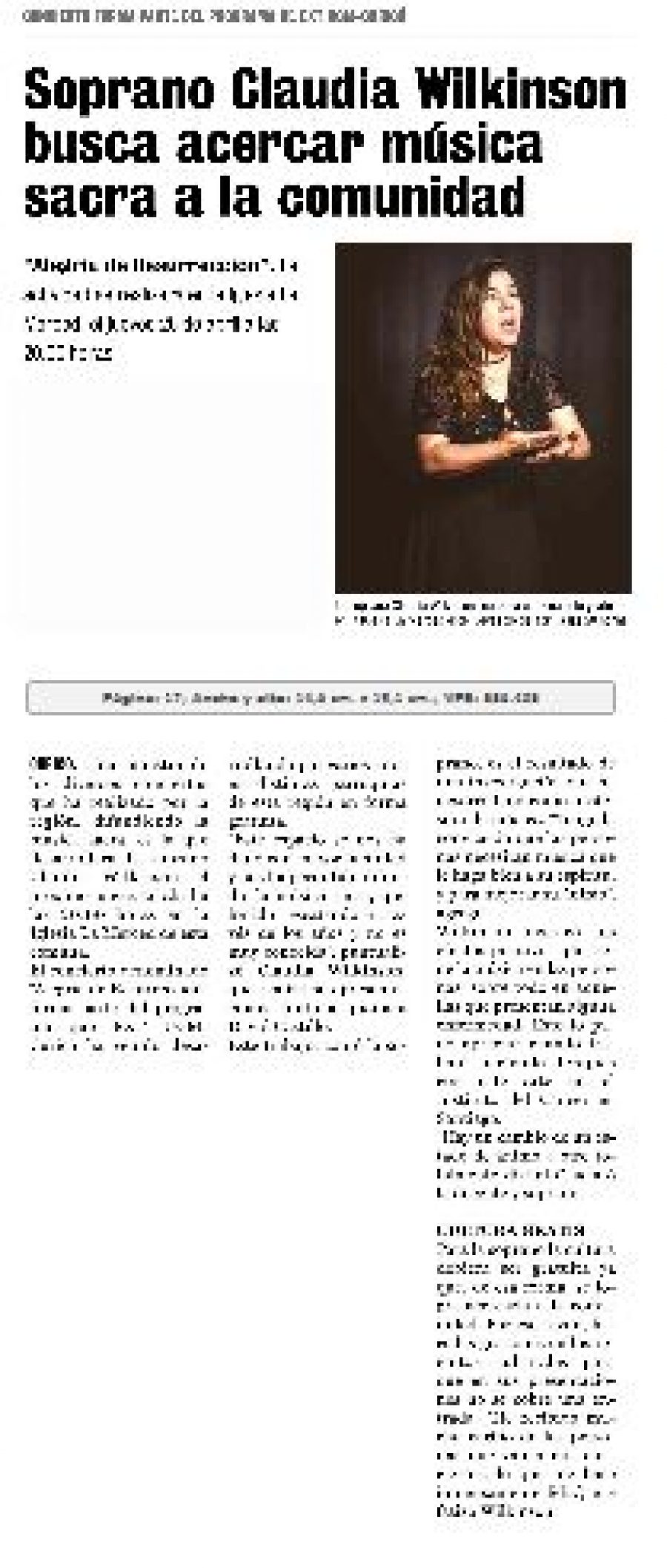 23 de abril en Diario La Prensa: “Soprano Claudia Wilkinson busca acercar música sacra a la comunidad”