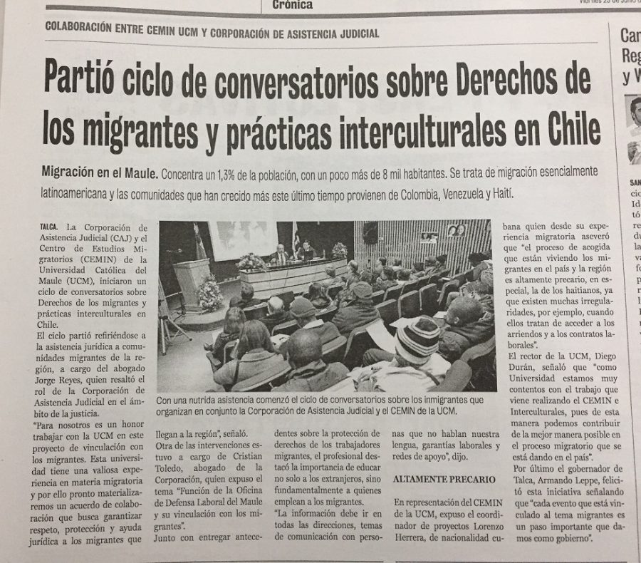 23 de junio en Diario La Prensa: “Partió ciclo de conversatorios sobre Derechos de los migrantes y prácticas interculturales en Chile”