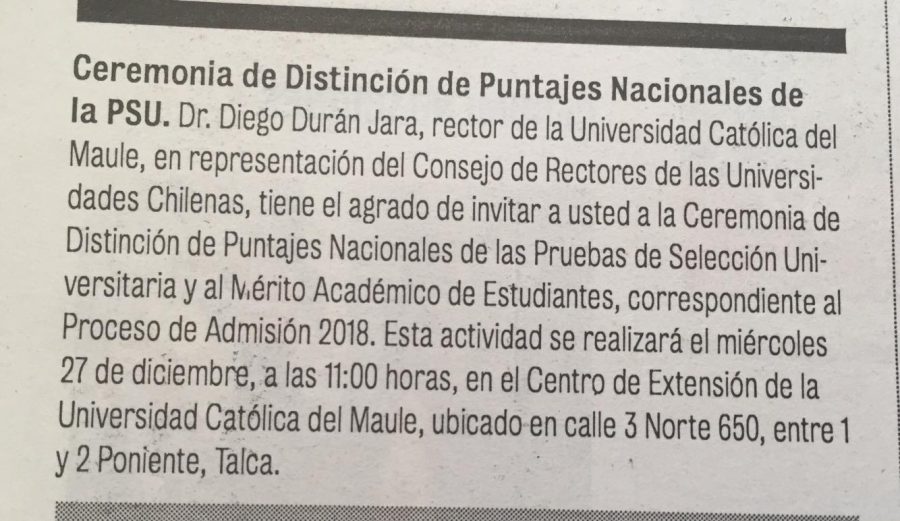 23 de diciembre en Diario La Prensa: “Ceremonia de Distinción de Puntajes Nacionales de la PSU”
