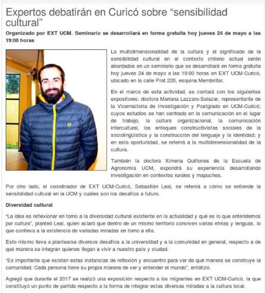 24 de mayo en Diario La Prensa: “Expertos debatirán en Curicó sobre sensibilidad cultural”