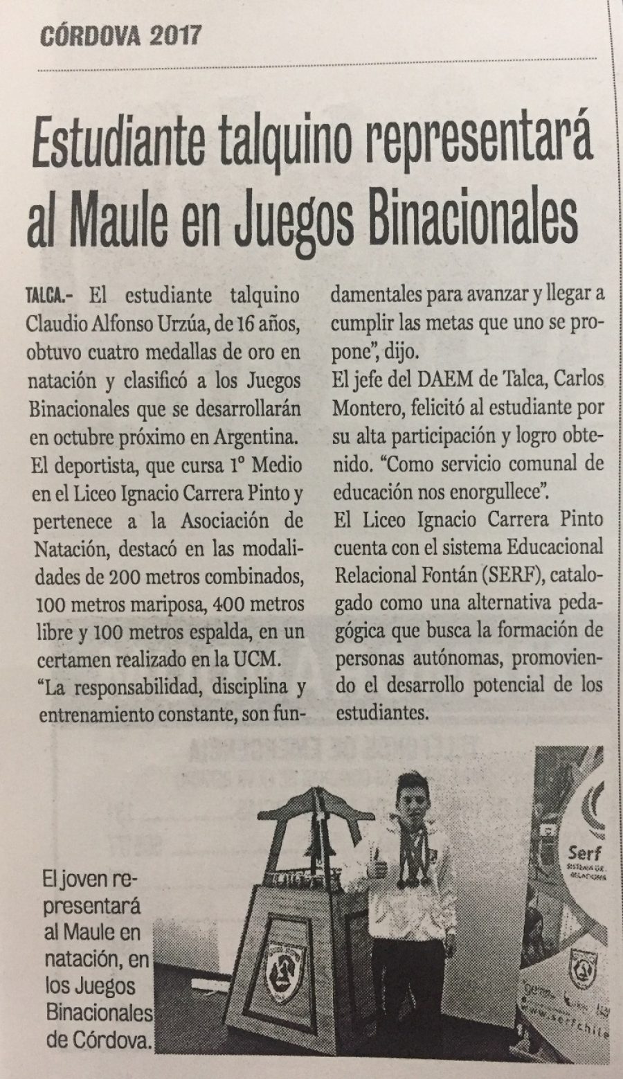 24 de agosto en Diario La Prensa: “Estudiante talquino representará al Maule en Juegos Binacionales”