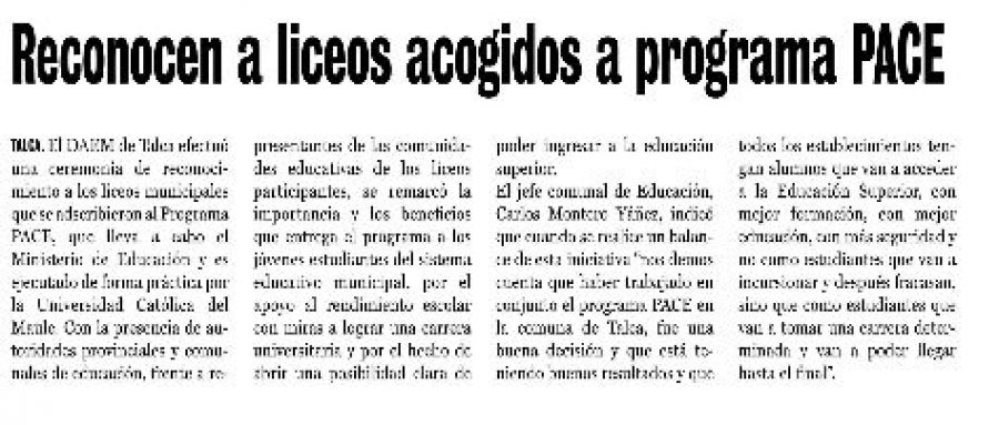 25 de abril en Diario La Prensa: “Reconocen a liceos acogidos a programa PACE”