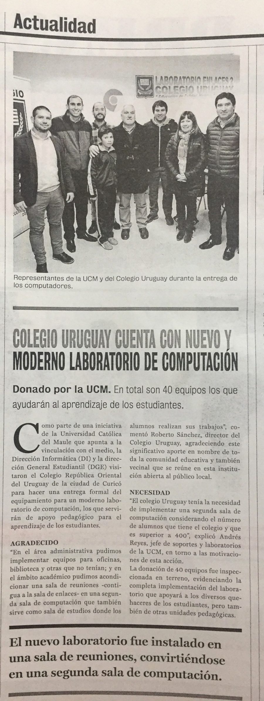 25 de julio en Diario La Prensa: “Colegio Uruguay cuenta con nuevo y moderno laboratorio de computación”