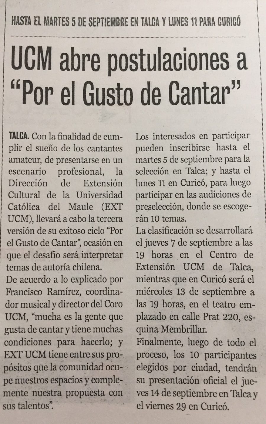 25 de agosto en Diario La Prensa: “UCM abre postulaciones a “Por el Gusto de Cantar”