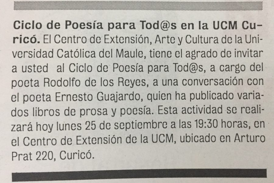 25 de septiembre en Diario La Prensa: “Ciclo de Poesía para tod@s en la UCM Curicó”