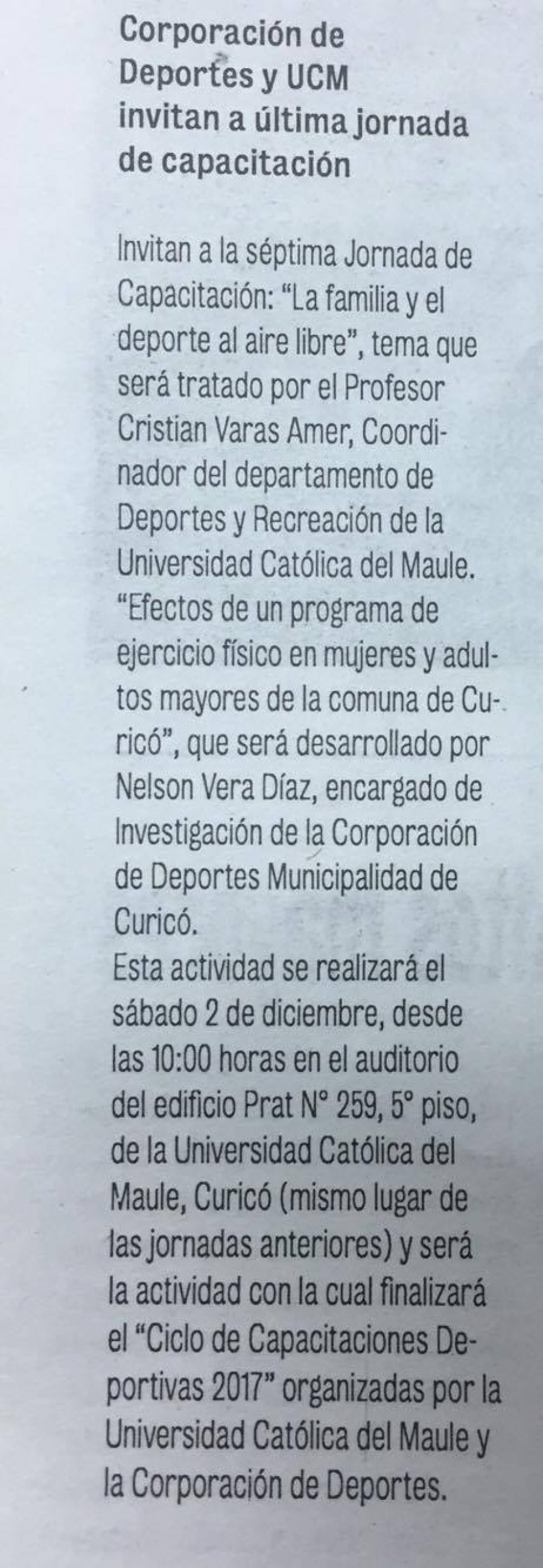 25 de noviembre en Diario La Prensa: “Corporación de Deportes y UCM invitan a última jornada en capacitación”