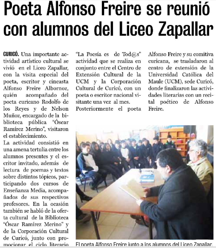 26 de junio en Diario La Prensa: “Poeta Alfonso Freire se reunió con alumnos del Liceo Zapallar”