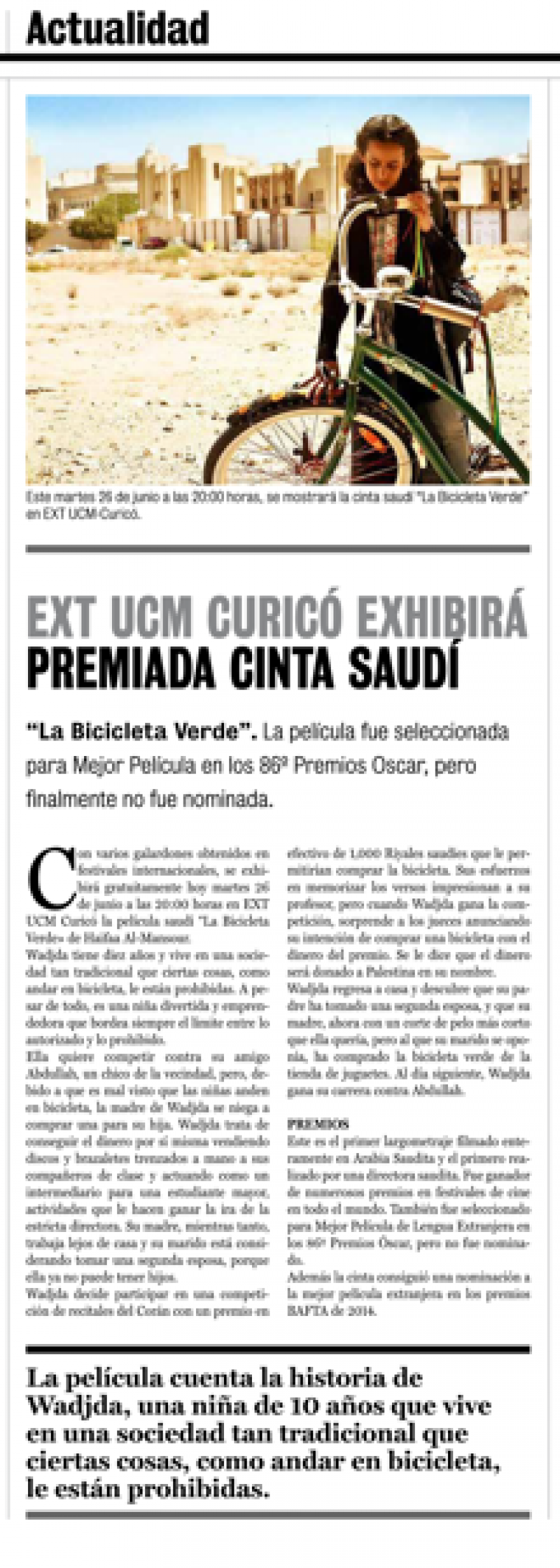 26 de junio en Diario La Prensa: “EXT UCM Curicó exhibirá premiada cinta saudí”