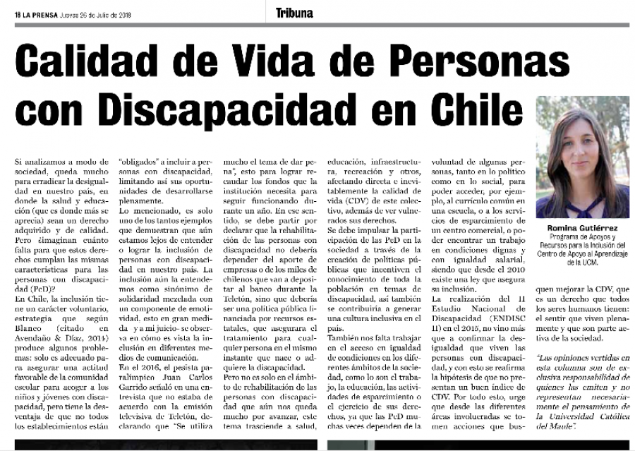 26 de julio en Diario La Prensa: “Calidad de Vida de Personas con Discapacidad en Chile”