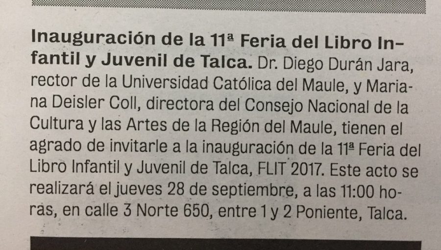 26 de septiembre en Diario La Prensa: “Inauguración de la 11a Feria del Libro Infantil y Juvenil de Talca”