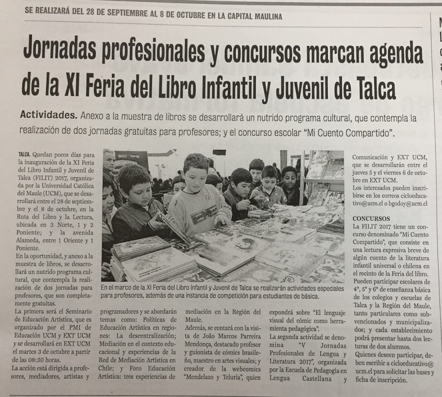 26 de septiembre en Diario La Prensa: “Jornadas profesionales y concursos marcan agenda de la XI Feria del Libro Infantil y Juvenil de Talca”