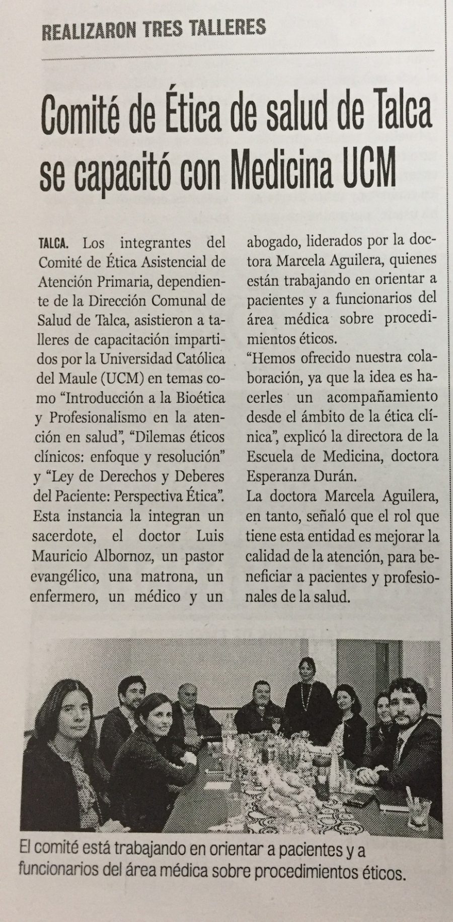 26 de septiembre en Diario La Prensa: “Comité de Ética de salud de Talca se capacitó con Medicina UCM”
