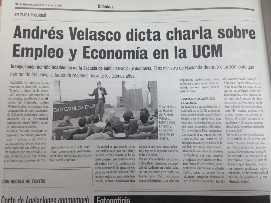 27 de abril en Diario La Prensa: “Andrés Velasco dicta charla sobre Empleo y Economía en la UCM”