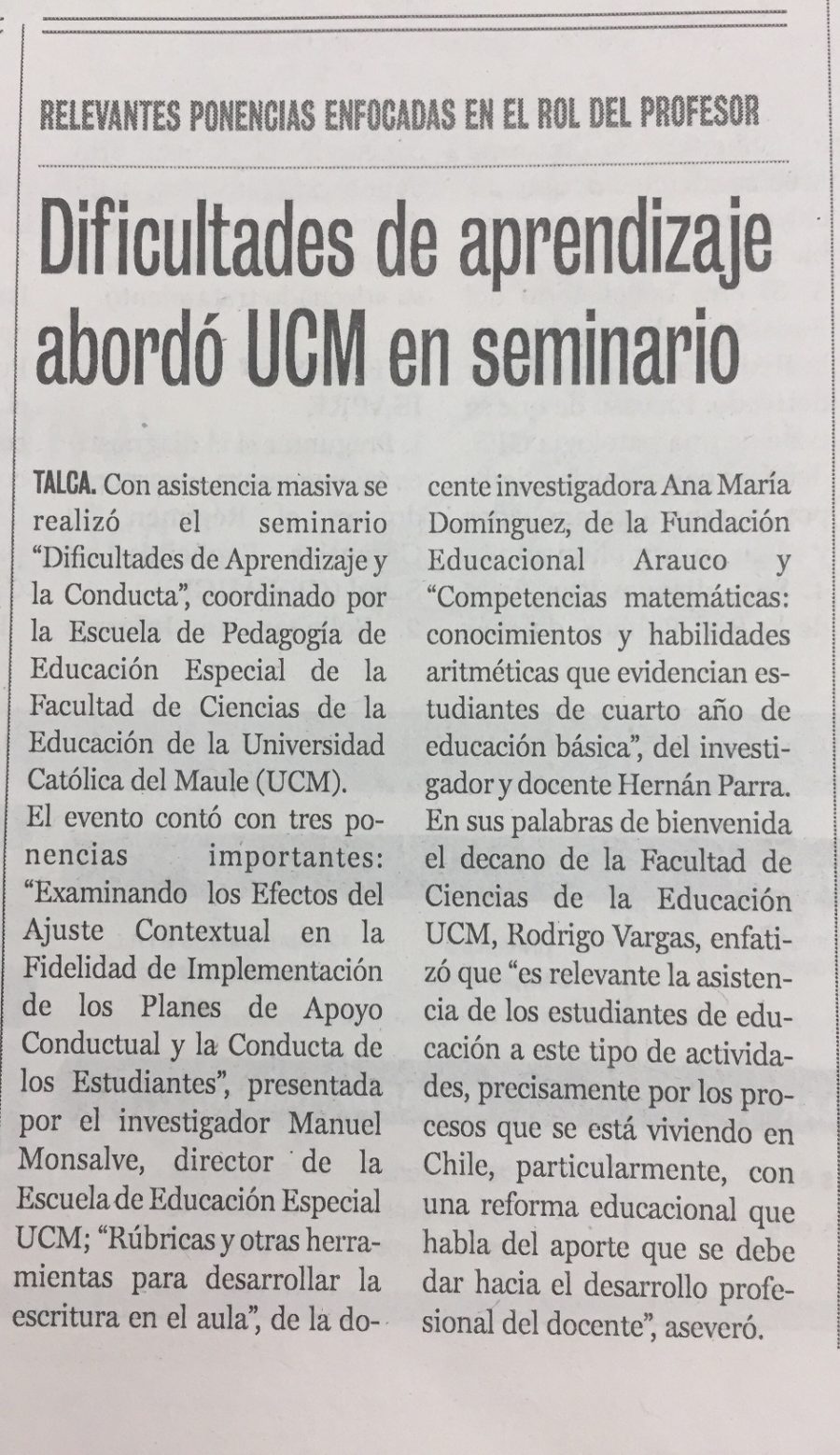27 de junio en Diario La Prensa: “Dificultades de aprendizaje abordó UCM en seminario”