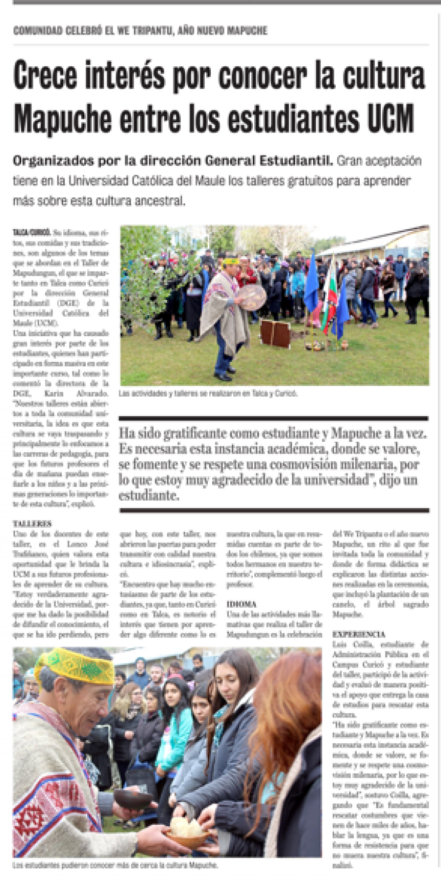 27 de junio en Diario La Prensa: “Crece interés por conocer la cultura Mapuche entre los estudiantes UCM”