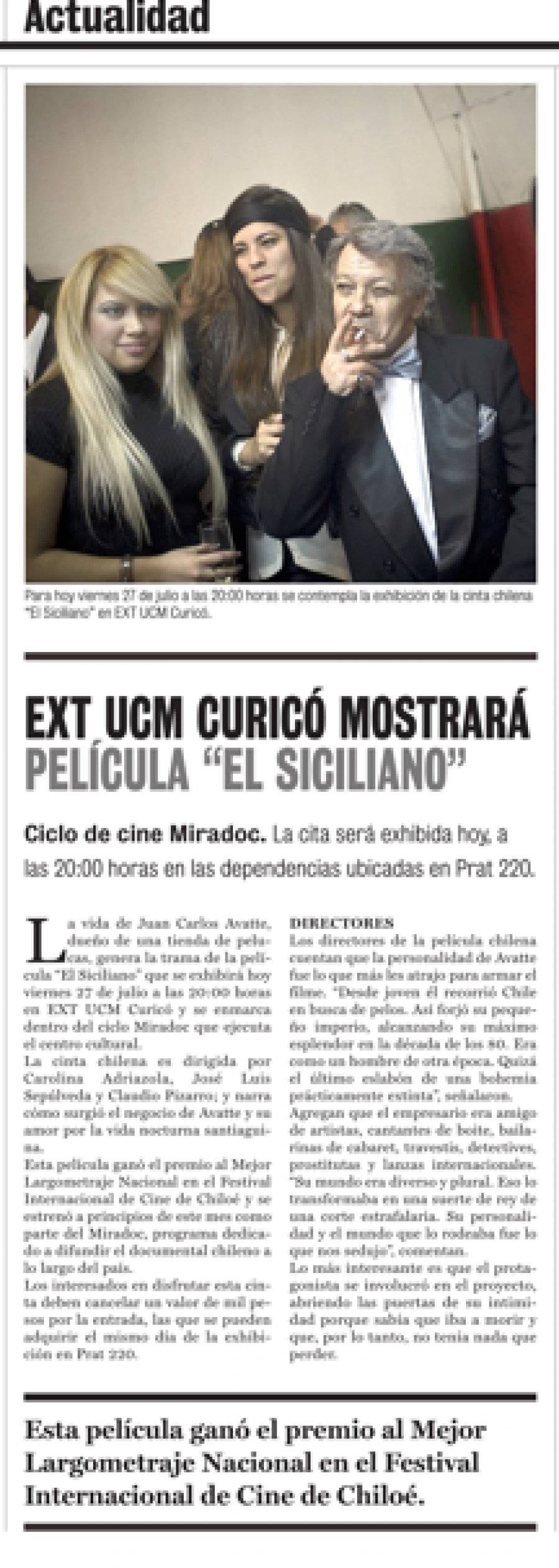 27 de julio en Diario La Prensa: “EXT UCM Curicó mostrará película “El Siciliano”