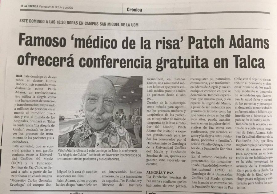 27 de octubre en Diario La Prensa: “Famoso ‘médico de la risa’ Patch Adams ofrecerá conferencia gratuita en Talca”