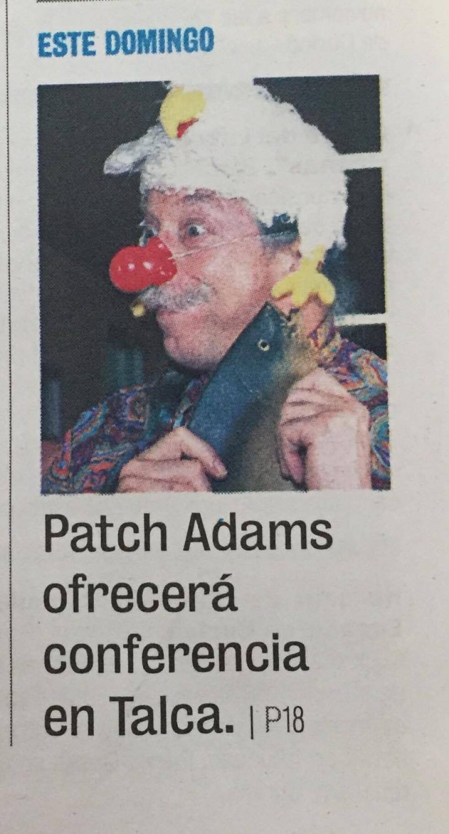 27 de octubre en Diario La Prensa: “Patch Adams ofrecerá conferencia en Talca”