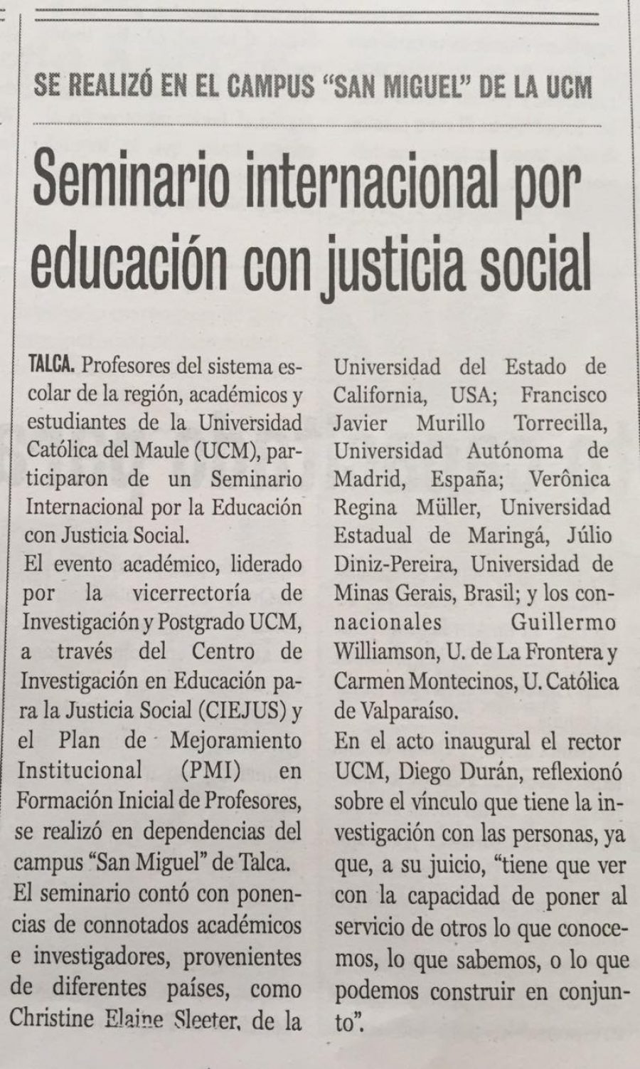 27 de diciembre en Diario La Prensa: “Seminario internacional por educación con justicia social”