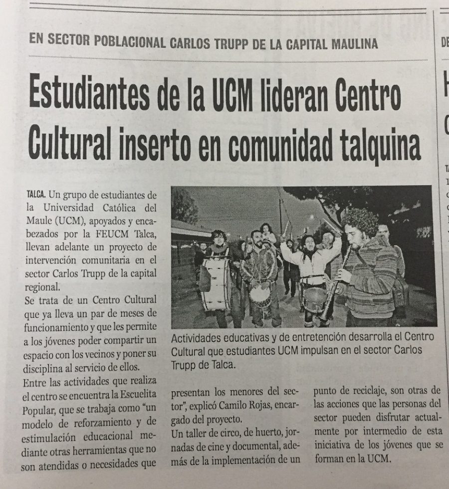 28 de junio en Diario La Prensa: “Estudiantes de la UCM lideran Centro Cultural inserto en comunidad talquina”