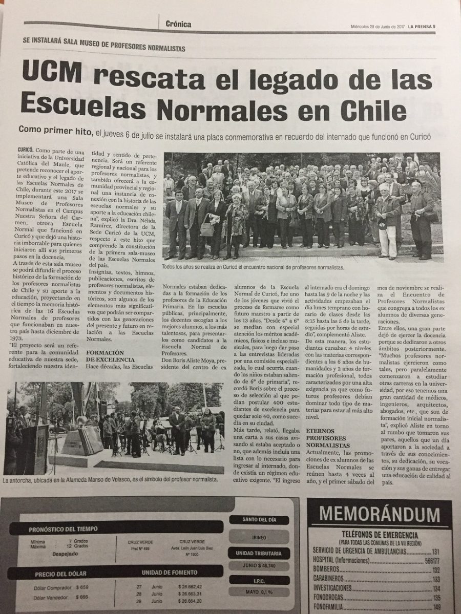 28 de junio en Diario La Prensa: “UCM rescata el legado de las Escuelas Normales en Chile”