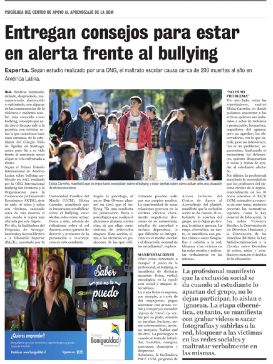 28 de junio en Diario La Prensa: “Entregan consejos para estar en alerta frente al bullying”
