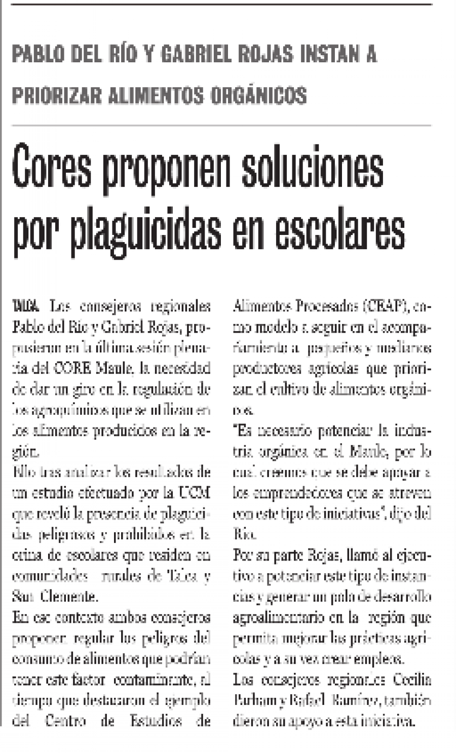 28 de julio en Diario La Prensa: “Cores proponen soluciones por plaguicidas en escolares”