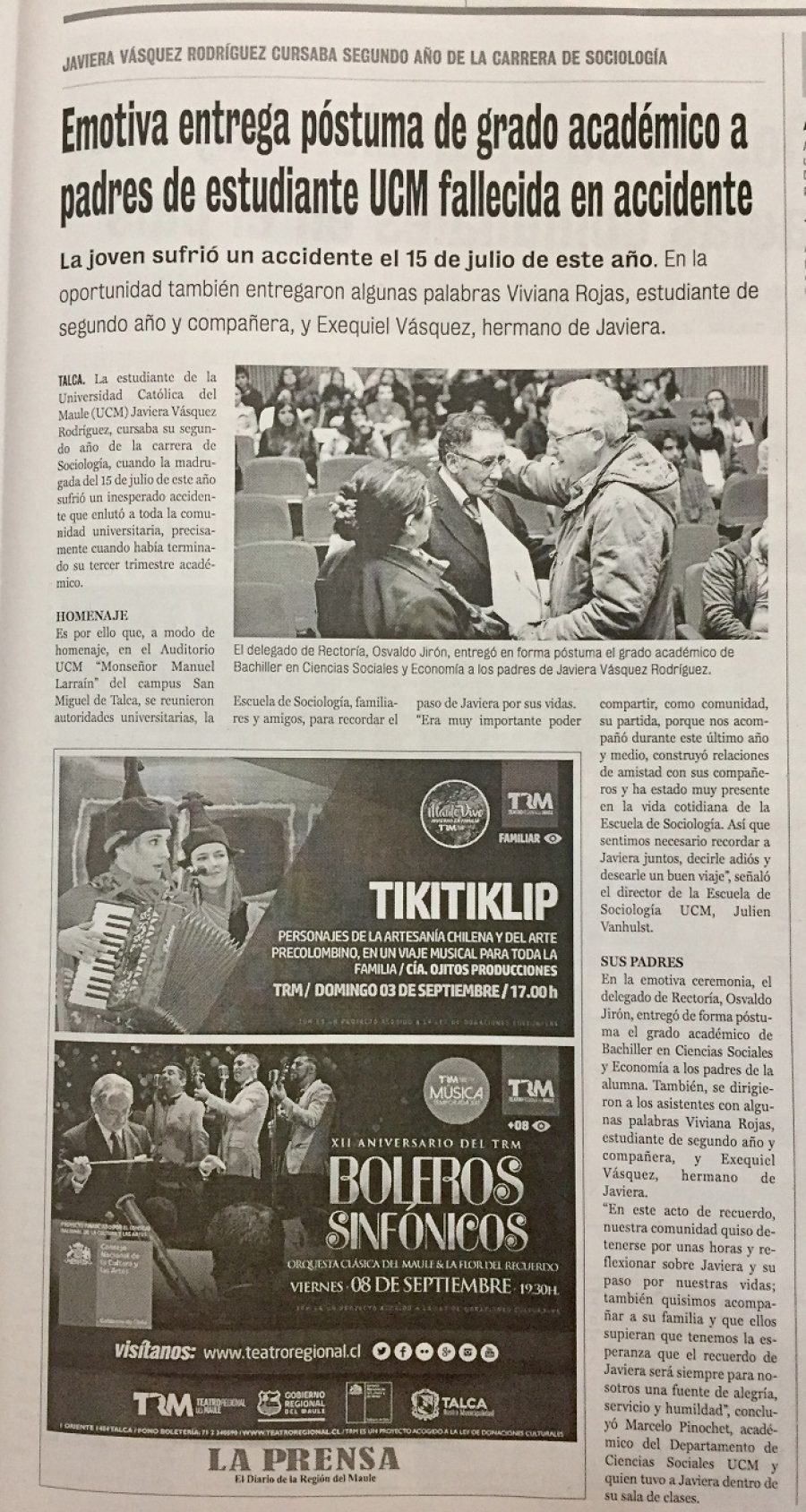 28 de agosto en Diario La Prensa: “Emotiva entrega póstuma de grado académico a padres de estudiantes UCM fallecida en accidente”