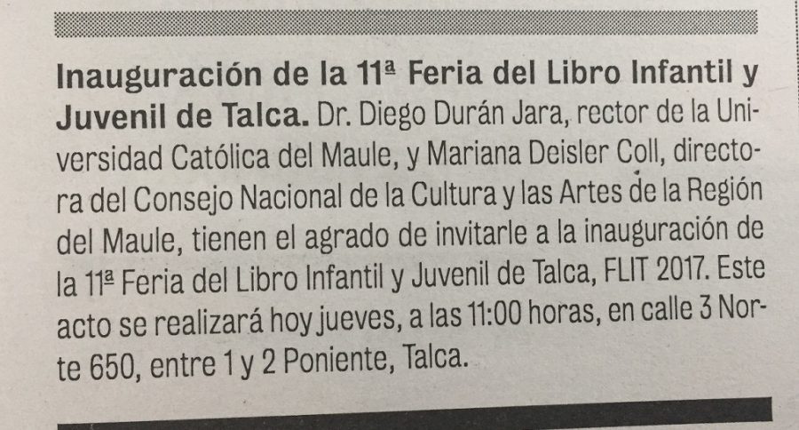 28 de septiembre en Diario La Prensa: “Inauguración de la 11° Feria del Libro Infantil y Juvenil de Talca”