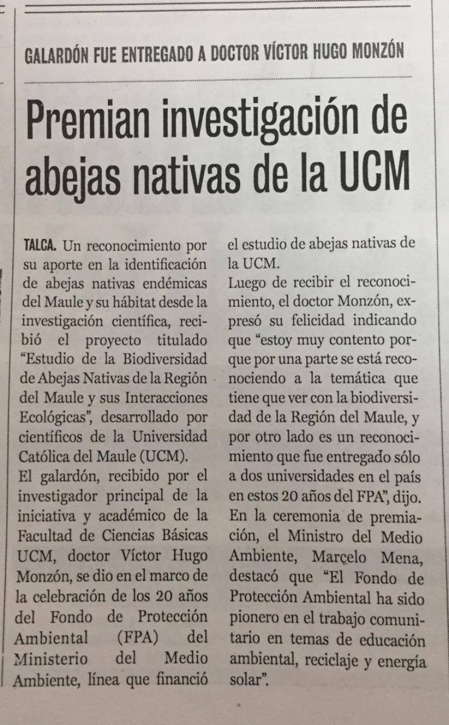 28 de octubre en Diario La Prensa: “Premian investigación de abejas nativas de la UCM”