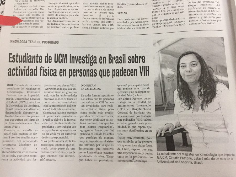 29 de mayo en Diario La Prensa: “Estudiante de UCM investiga en Brasil sobre actividad física en personas que padecen VIH”