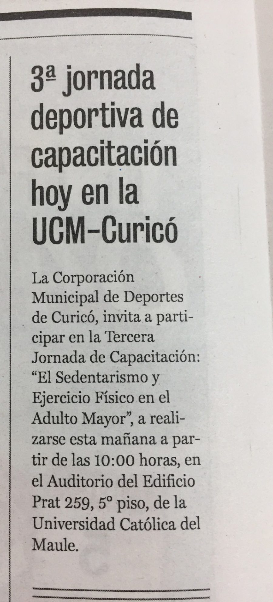 29 de julio en Diario La Prensa: “3° jornada deportiva de capacitación hoy en la UCM-Curicó”