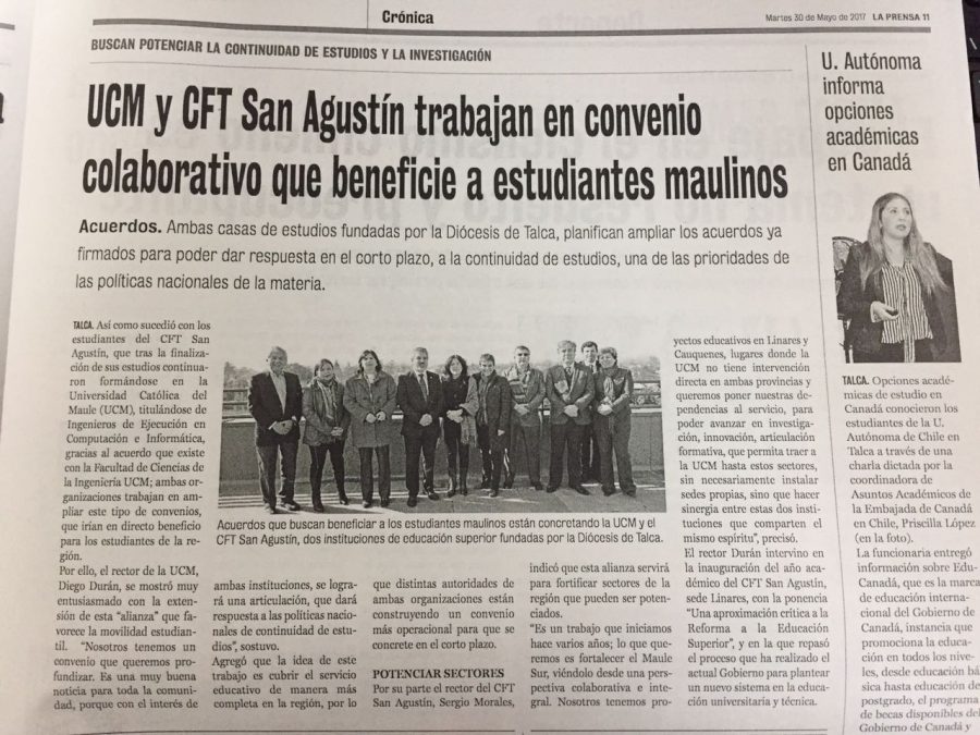 30 de mayo en Diario La Prensa: “UCM y CFT San Agustín trabajan en convenio colaborativo que beneficia a estudiantes maulinos”