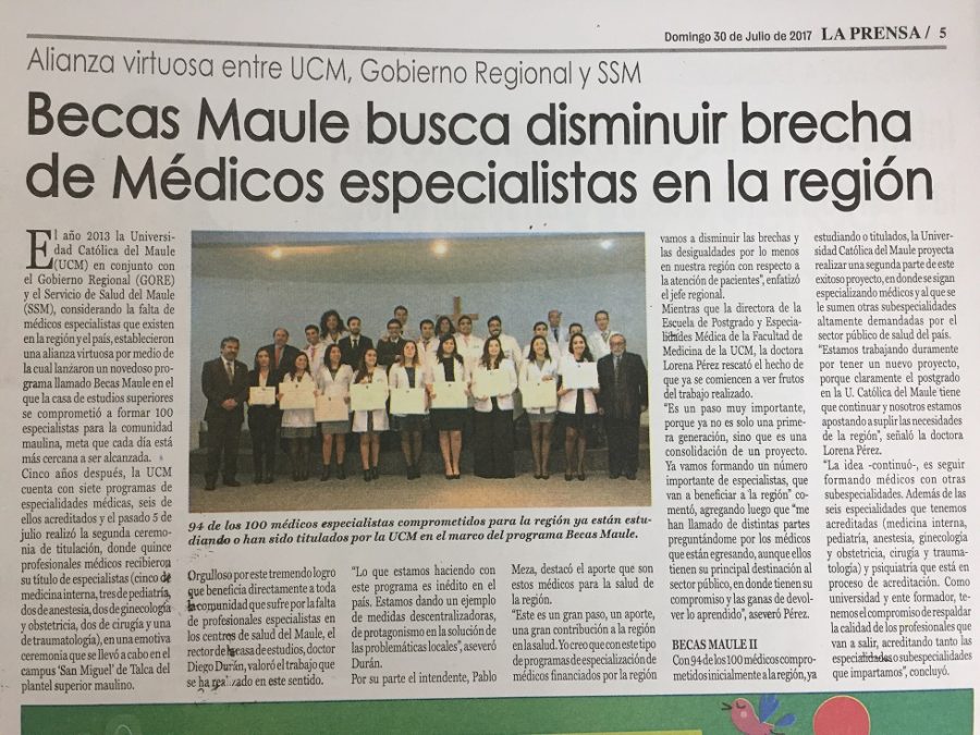 30 de julio en Diario La Prensa: “Becas Maule busca disminuir brecha de Médicos especialistas en la región”